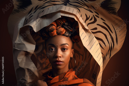 Collage style portrait of African American woman and a tiger