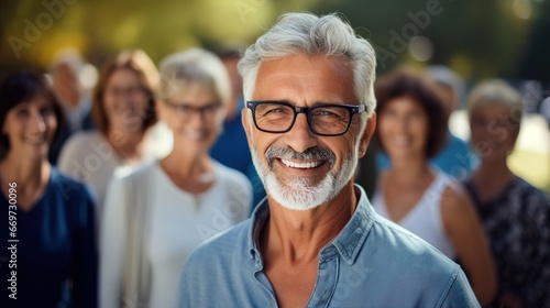 Portrait of happy mature men with blurred group people outdoor