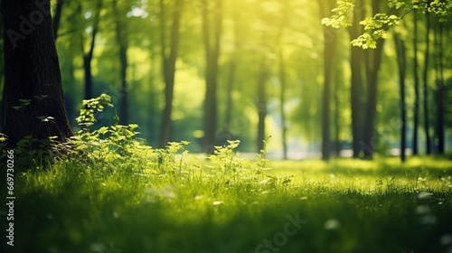 Summer Beautiful spring perfect natural landscape background, Defocused green trees in forest with wild grass and sun beams © DZMITRY