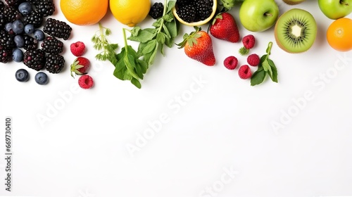 top view of fresh fruits  vegetables and berries on white background