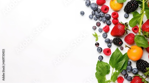 top view of fresh fruits  vegetables and berries on white background