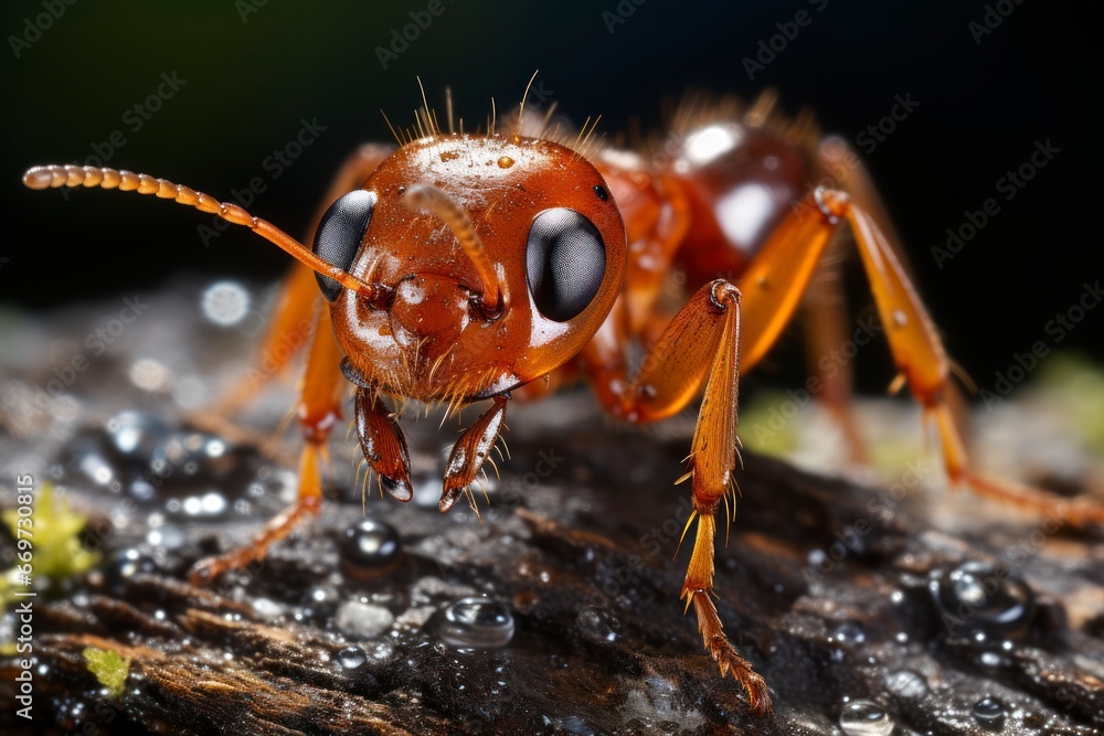 An extreme close-up of a determined ant, showcasing its intricate body and the texture of the surface. An extreme close-up of a determined ant, showcasing its intricate body and the texture of the surface.
