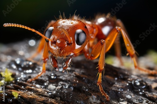 An extreme close-up of a determined ant, showcasing its intricate body and the texture of the surface. © Hunman