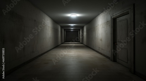 An eerie hallway with dim lighting and a solitary door at the end