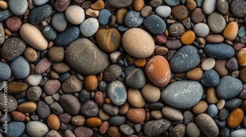 Abstract texture of polished pebbles stones background, top view. Summer concept. Art concept.