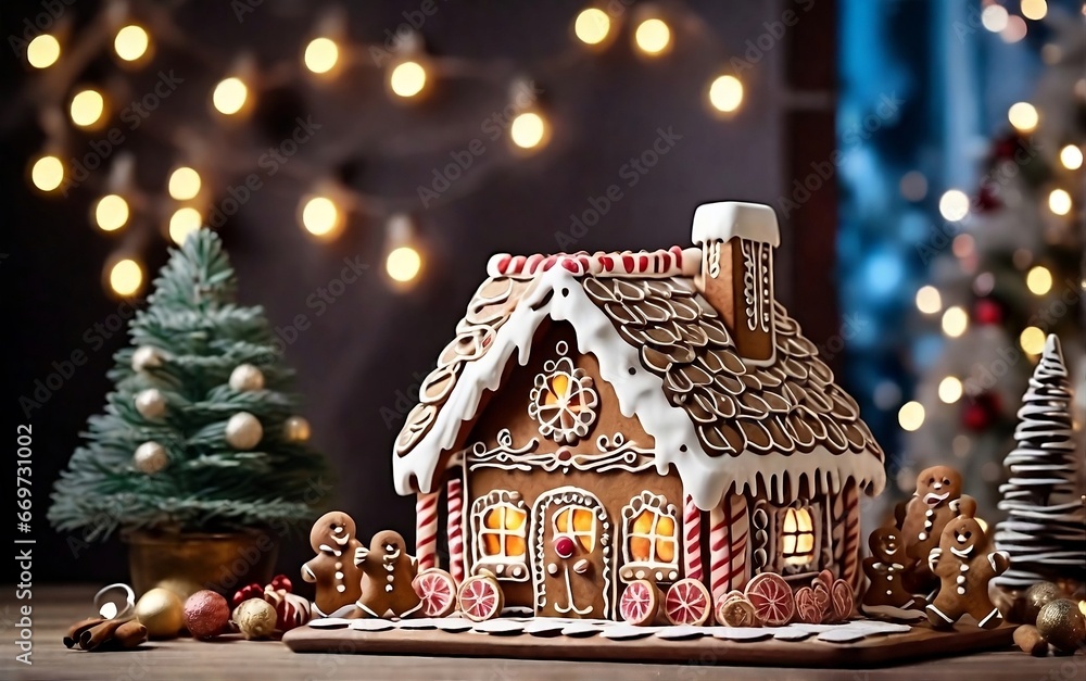 Christmas gingerbread houses on wooden table with bokeh lights Pastries in the form of houses. Festive scene with holiday Christmas and New Year background created with generative ai
