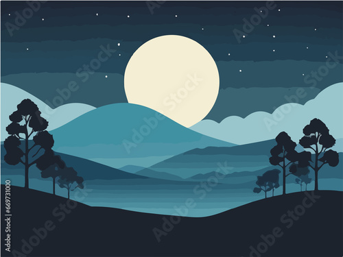 landscape with moon and stars art illustration   vector design   minimalist   