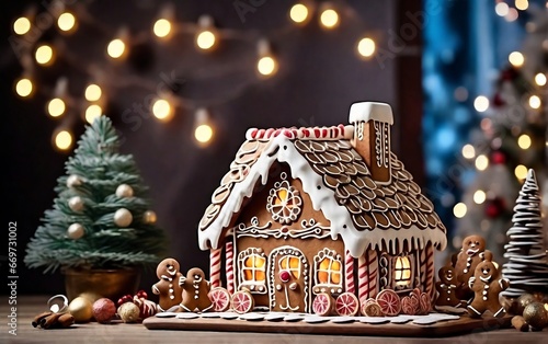 Christmas gingerbread houses on wooden table with bokeh lights Pastries in the form of houses. Festive scene with holiday Christmas and New Year background created with generative ai 