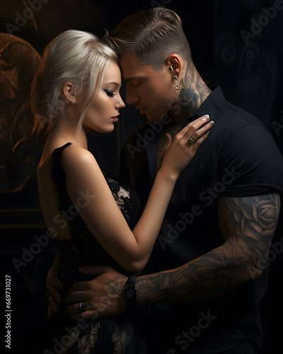Dark Gothic Couple with tattoos on black background
