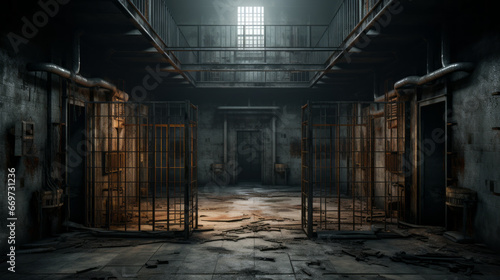 An eerie, deserted prison cell with rusty bars and a damp floor photo
