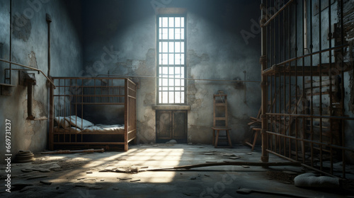 An eerie, deserted prison cell with rusty bars and a damp floor photo
