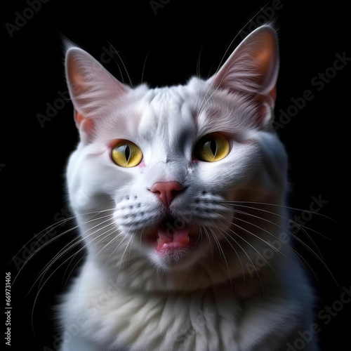 portrait of a beautiful short-haired cat, the cat meows, opens its mouth