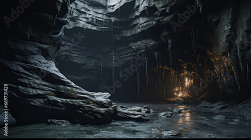 An eerie, dark cave photo