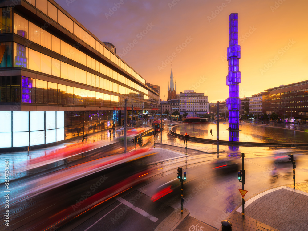 Sergels Square, Stockholm, Sweden. Popular place in the capital of Sweden. Public transport and blurred lights. Architectural landscape. Photo for postcards, wallpaper and backgrounds.