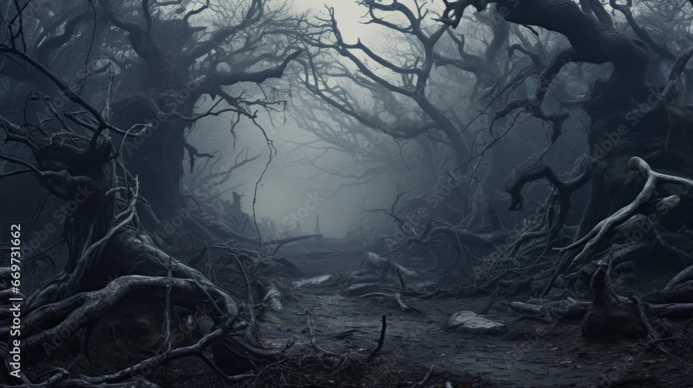 An eerie, dark forest with twisted branches and a strange mist in the air An eerie, dark forest with twisted branches and a strange mist in the air