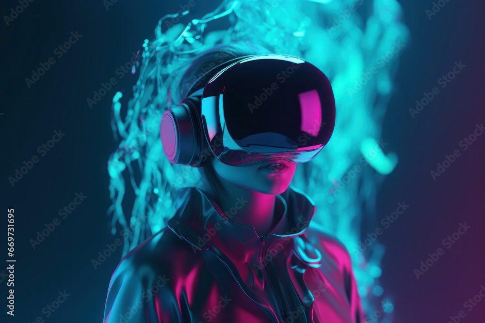 Teenager wearing VR headset with smoke and neon colors Teenager wearing VR headset with smoke and neon colors