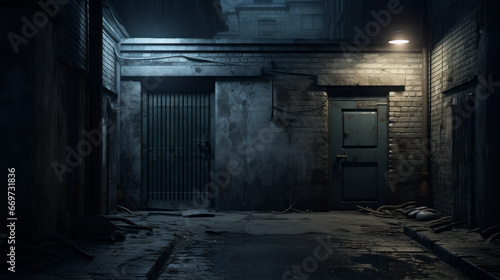 An eerie, dark alleyway with a single lamp and a strange door at the end photo