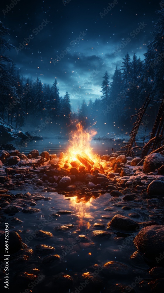 fire in the forest, a campfire burning in the snowy taiga, generative ai - obrazy, fototapety, plakaty 