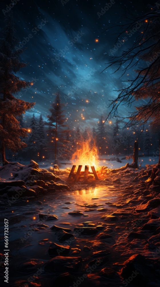 fire in the forest, a campfire burning in the snowy taiga, generative ai