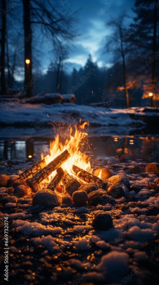 Naklejka premium fire in the forest, a campfire burning in the snowy taiga, generative ai