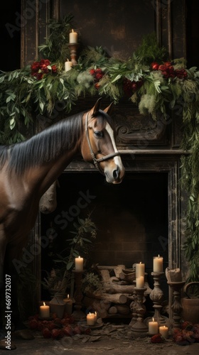 christmas spirit and horse in decorated room, generative ai