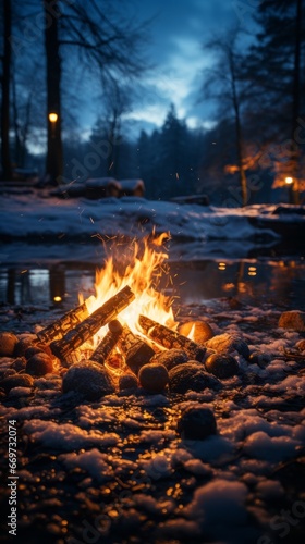 fire in the forest  a campfire burning in the snowy taiga  generative ai