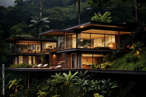 New house with contemporary architecture located amidst lush rainforest vegetation. Generative AI © Aurelian