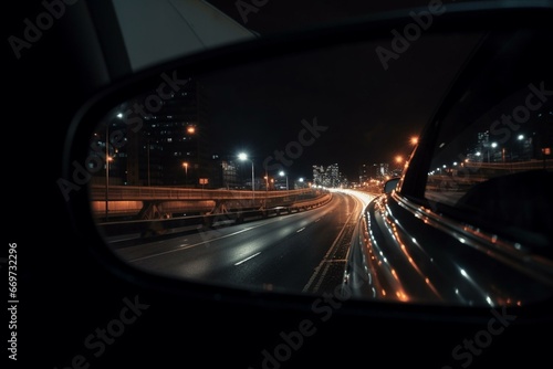 Nighttime urban landscape reflected in car rearview mirror. Generative AI