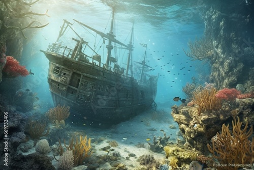 Illustration depicting an underwater realm abundant with corals and a shipwreck. Generative AI