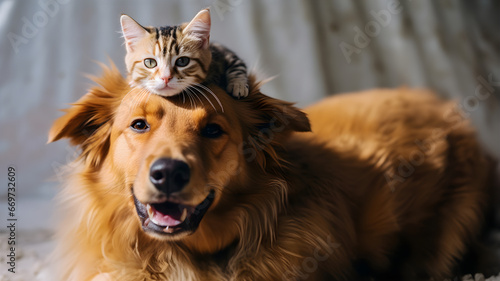 Unlikely Companions: Cat Perched on Dog's Head Showcasing Unique Animal Friendship