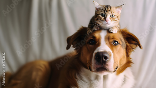 Amusing Friendship: Adorable Dog with Cat on Head, Perfect for Pet Lovers, Unique Animal Bond