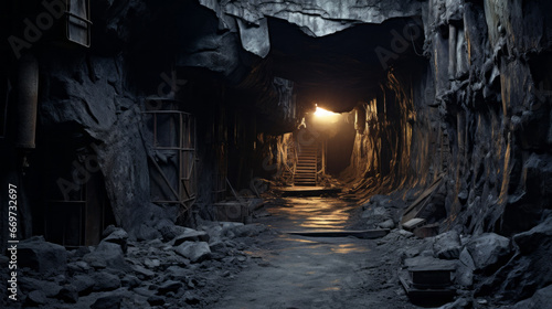 An eerie, abandoned mine with strange markings on the walls photo
