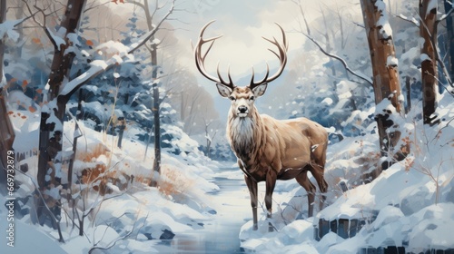 deer in the forest, beautiful deer in snowy forest, generative ai © TheGoldTiger