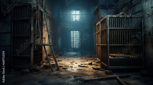 An eerie, abandoned prison cell with rusty bars and a damp floor photo