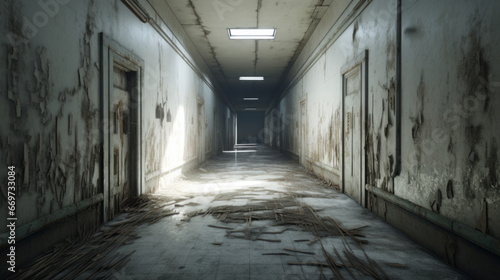 An eerie, abandoned hallway with strange markings on the walls