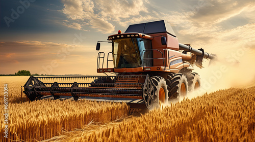 Efficient Crop Harvest  Tractor Combine Harvester in Cereal Agriculture Field.