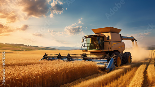 Efficient Crop Harvest: Tractor Combine Harvester in Cereal Agriculture Field. photo