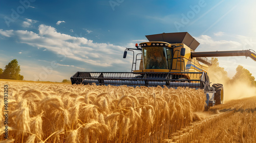 Efficient Crop Harvest  Tractor Combine Harvester in Cereal Agriculture Field.