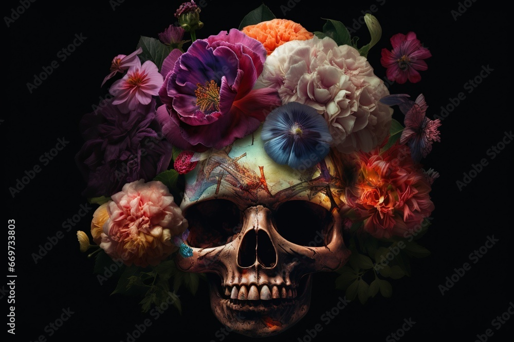 The human brain is shown in a scene with flowers, concept of Neuroplasticity
