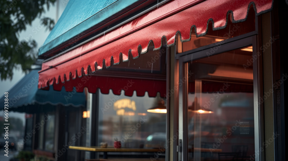 An awning dripping with rain, its fabric wet and heavy An awning dripping with rain, its fabric wet and heavy