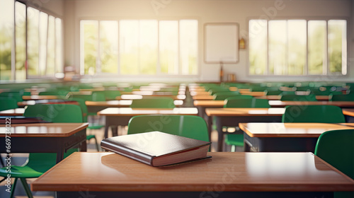School classroom in blur background without young student. Blurry view of elementary class room no kid or teacher with chairs and tables in campus. Back to school concept