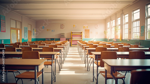 School classroom in blur background without young student. Blurry view of elementary class room no kid or teacher with chairs and tables in campus. Back to school concept photo