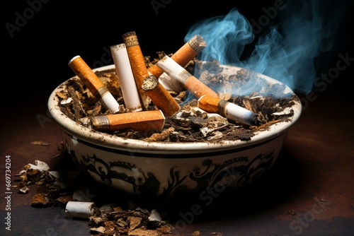 ashtray with smoking cigarettes on a plain background. Generative AI photo