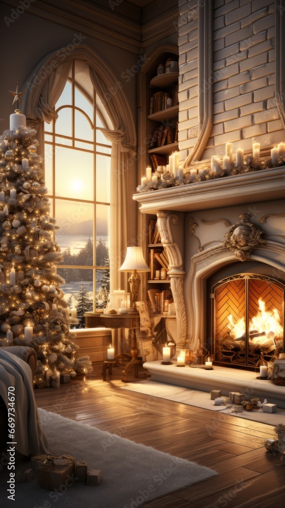 fireplace with christmas decorations, christmas time in family room with decorations, fireplace and christmas tree, generative ai