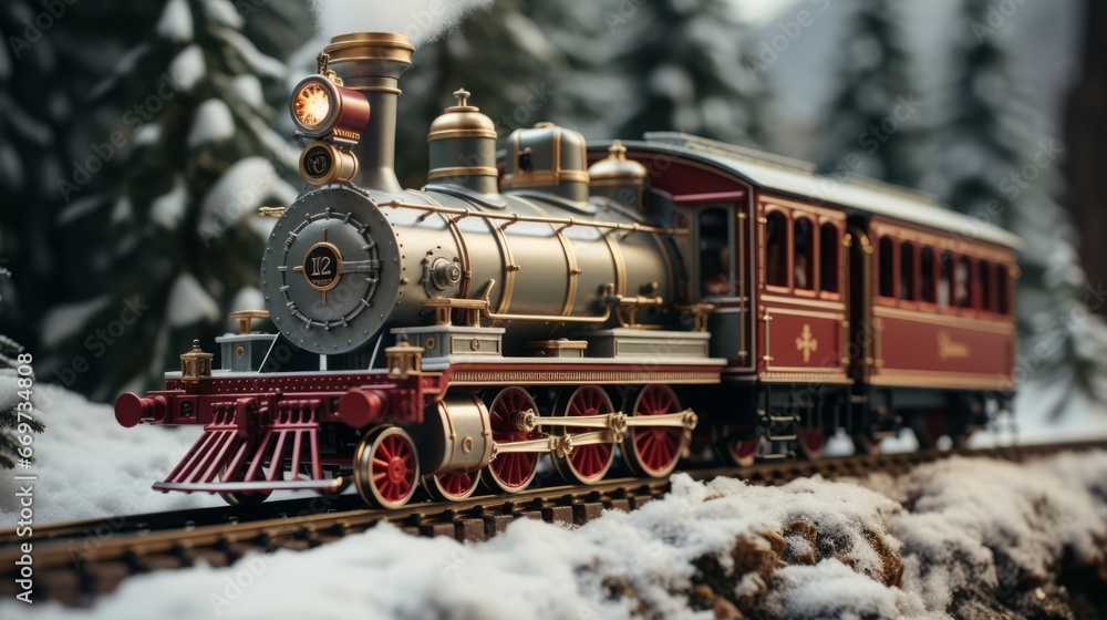 Naklejka premium old train on the railway, christmas train miniature, generative ai
