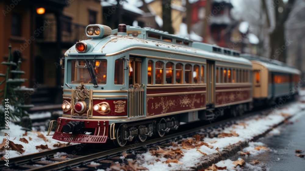old train on the railway, christmas train miniature, generative ai old train on the railway, christmas train miniature, generative ai