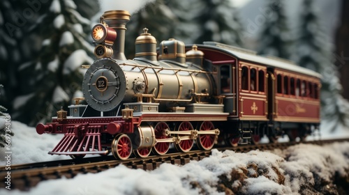 old train on the railway, christmas train miniature, generative ai