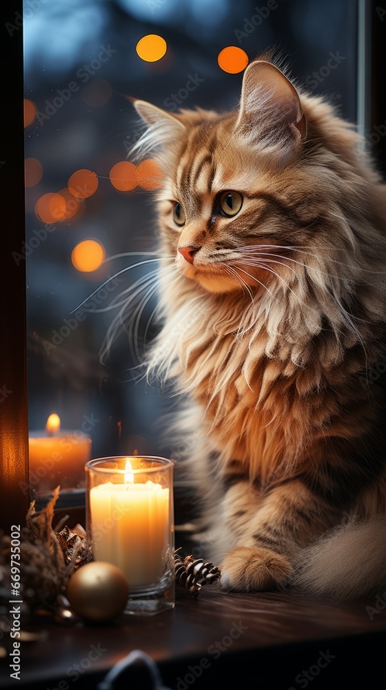 sitting cat portrait, cat with christmas decoration in background, generative ai sitting cat portrait, cat with christmas decoration in background, generative ai