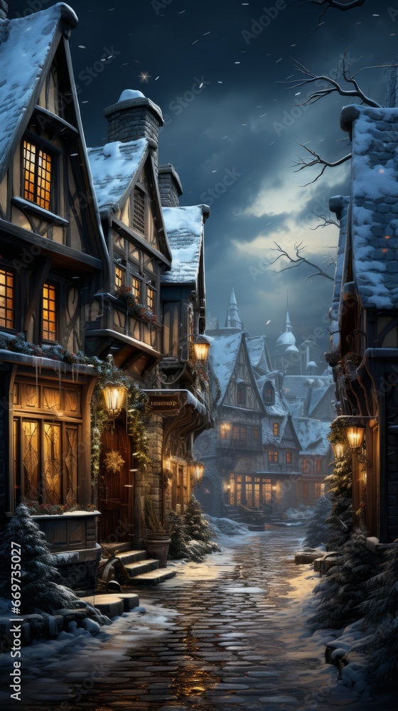 view of the old town country, winter wonderland village with snow and lanterns, generative ai