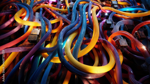 An array of colorful cables snakes its way across the floor, connecting a variety of technological devices © Textures & Patterns